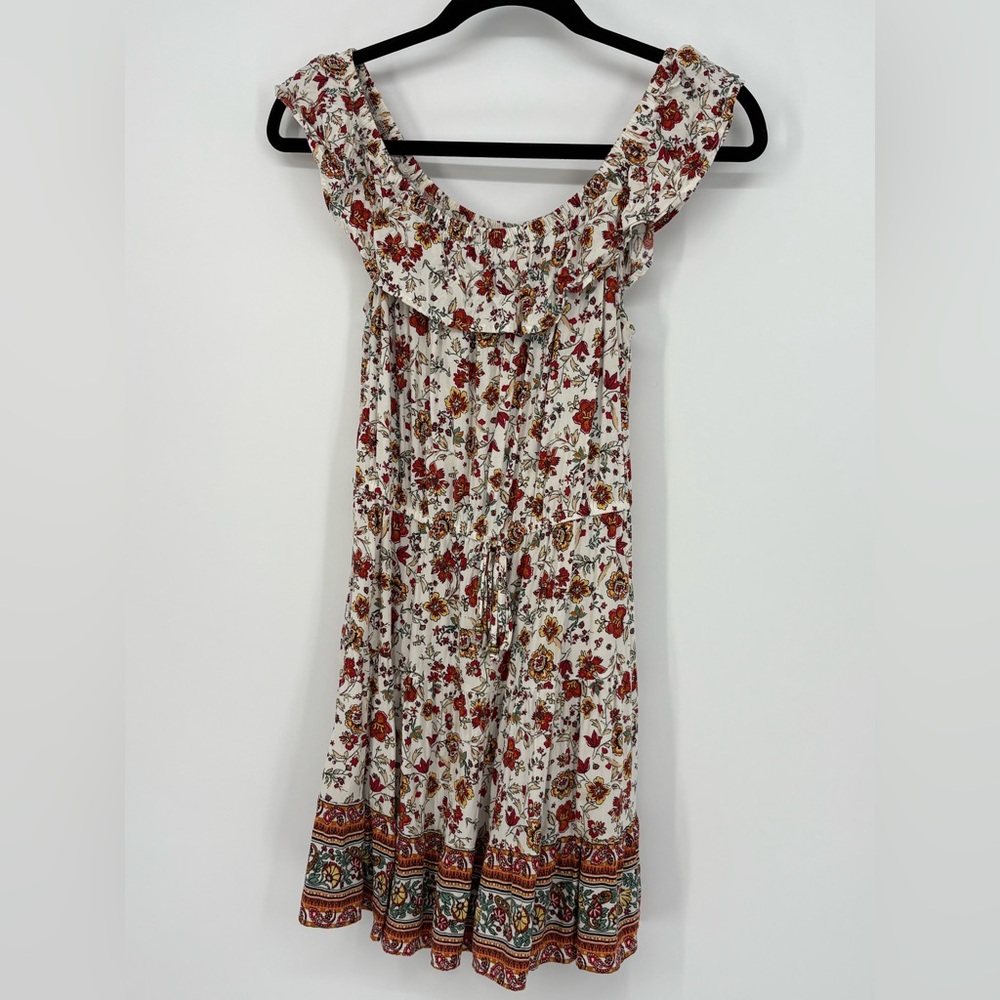 BEBOP Dress Floral Ruffle Off-Shoulder - Cream with Red Floral Women’s Medium